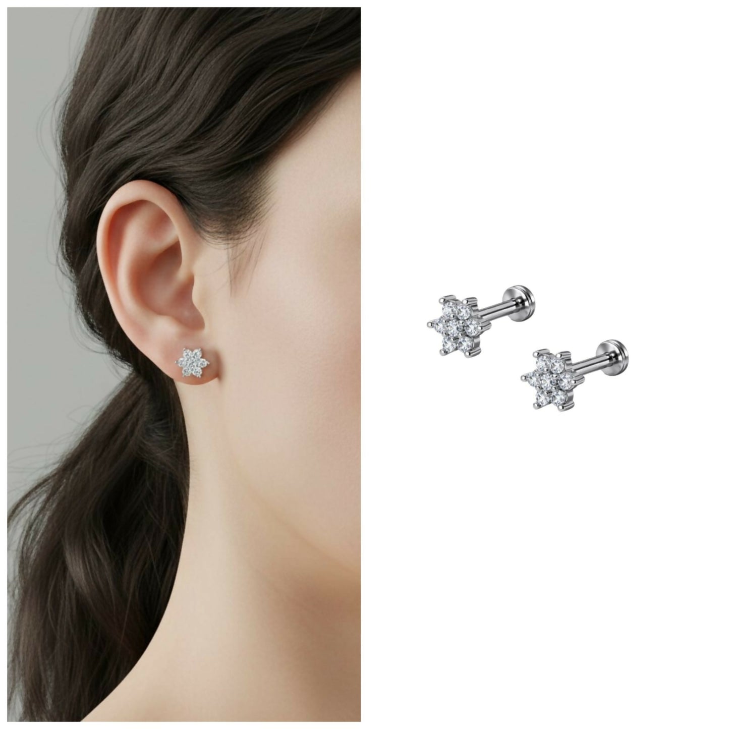 Silver plated flower stud earrings with crystal detailing on flat back posts