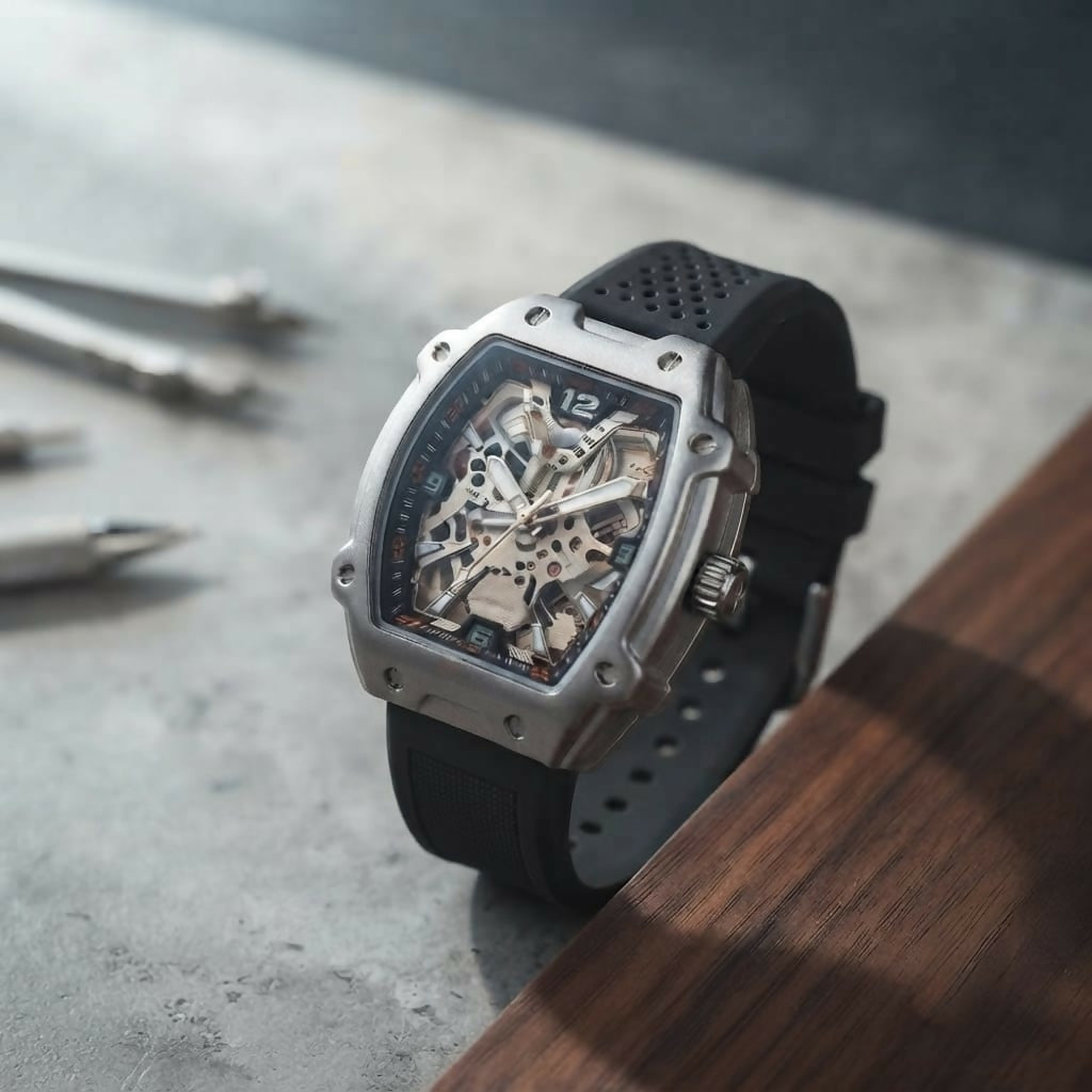 Premium Silver Dial Men's Watch With Silicone Strap For Trendy Casual Style
