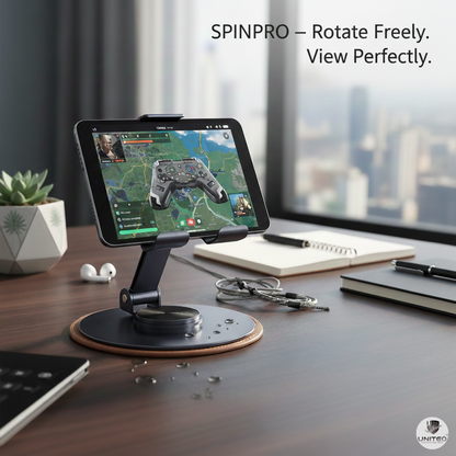 Side view of UNITEQ SpinPro Black Foldable Mobile Stand holding a tablet