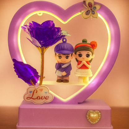 Heart Shape LED Love Lamp with Golden Stem Purple Rose & Cute Romantic Couple Figurines | Decorative Night Light Gift for Anniversary, Valentine, Bedroom & Home Decor