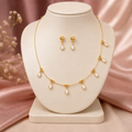 Minimalist Golden Plated Wire Dokiya Necklace with Teardrop Pearl Charms & Matching Earrings Set - IMITATION JEWELLERY