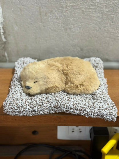 Realistic Sleeping Puppy Toy on Soft Blanket Cushion | Lifelike Artificial Pet Dog Figurine | Adorable Faux Fur Puppy for Home Décor, Gift & Desk Display | Cute Sleeping Dog Model | Stress Relief Toy Puppy Decoration