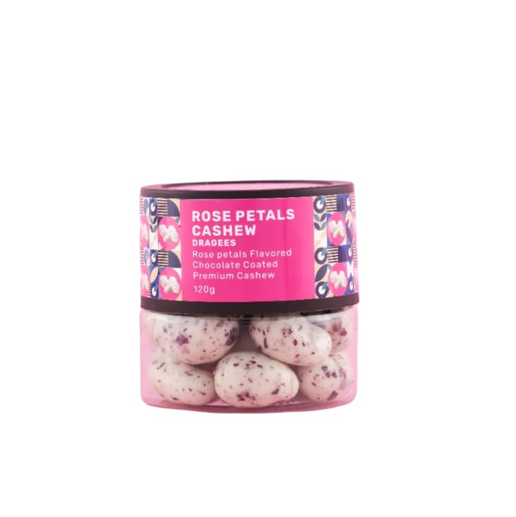Oracle Nuts & Berry Rose Petals Cashew Dragees – 120gm | Premium Chocolate Coated Cashews with Rose Petals Flavor