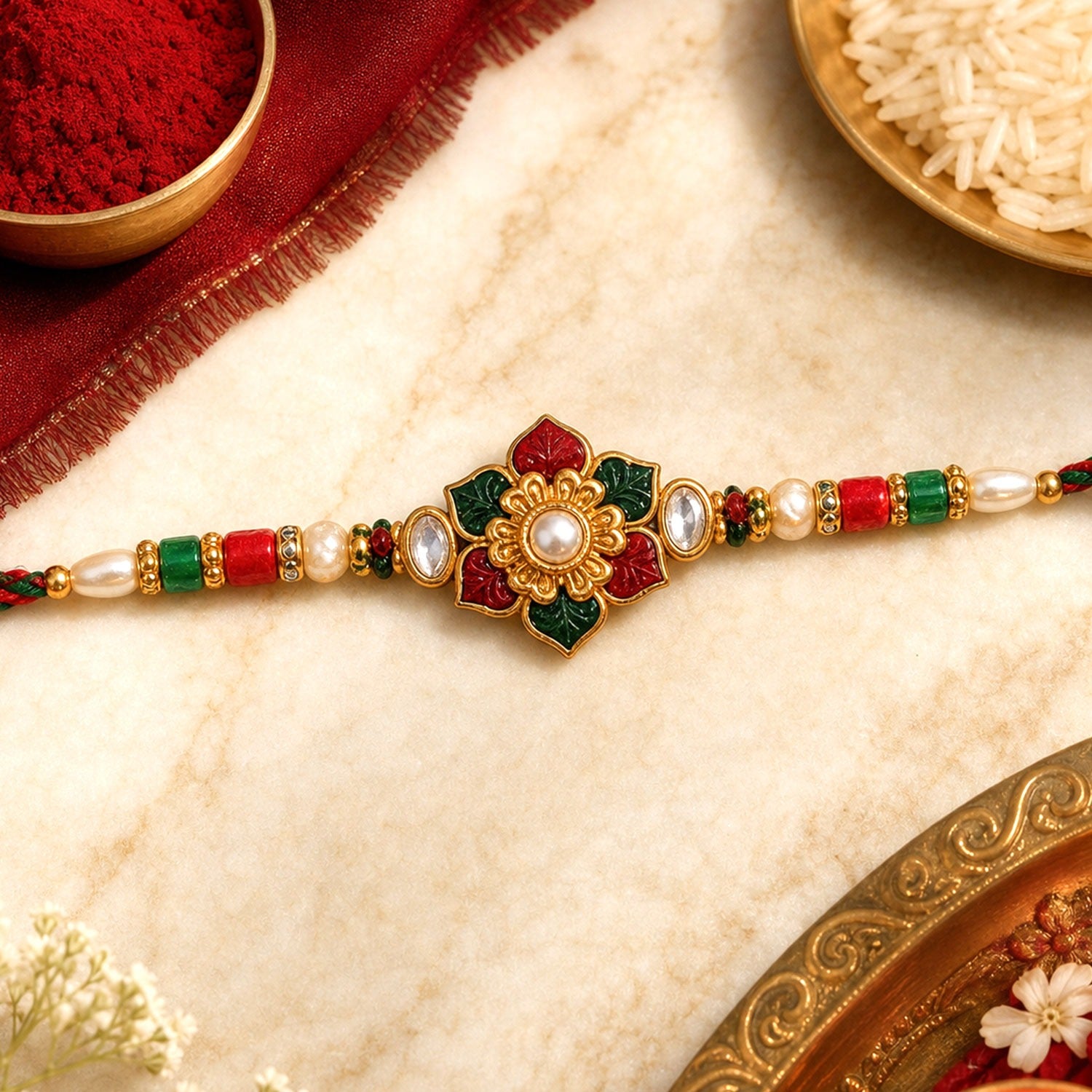 A red, green, and gold Meenakari Kundan bracelet with a central floral design, pearls, and red string, next to a bowl of red
