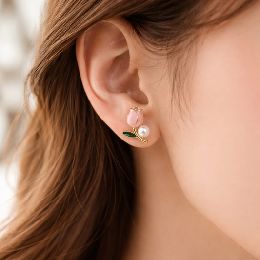 Luxury Pink Tulip Pearl Stud Earrings for Women & Girls – Gold Plated Floral Designer Earrings
