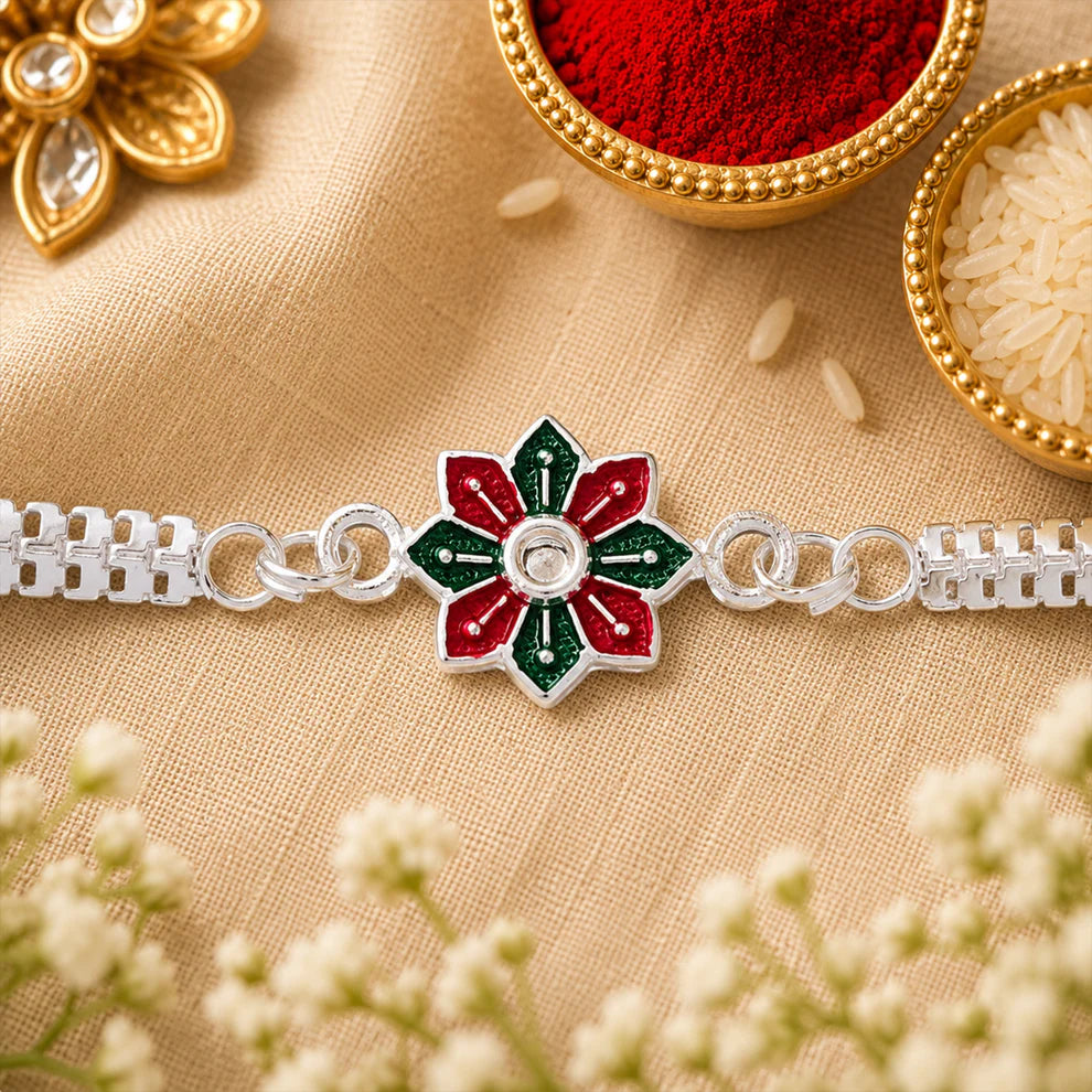 Silver Floral Rakhi Bracelet – Elegant Sibling Bond Symbol For Raksha bandhan