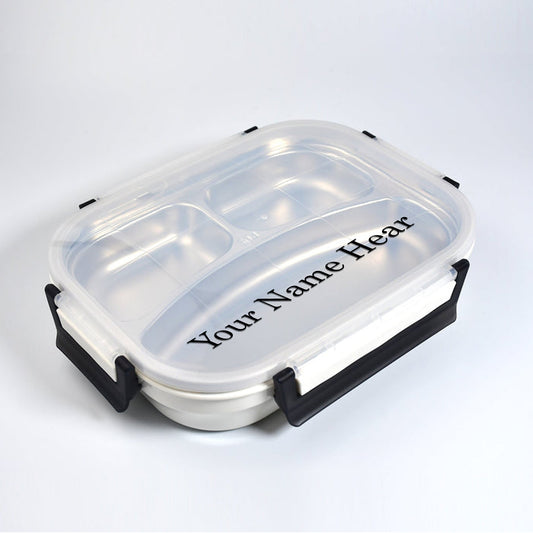 White transparent stainless steel lunch box with 3 compartments