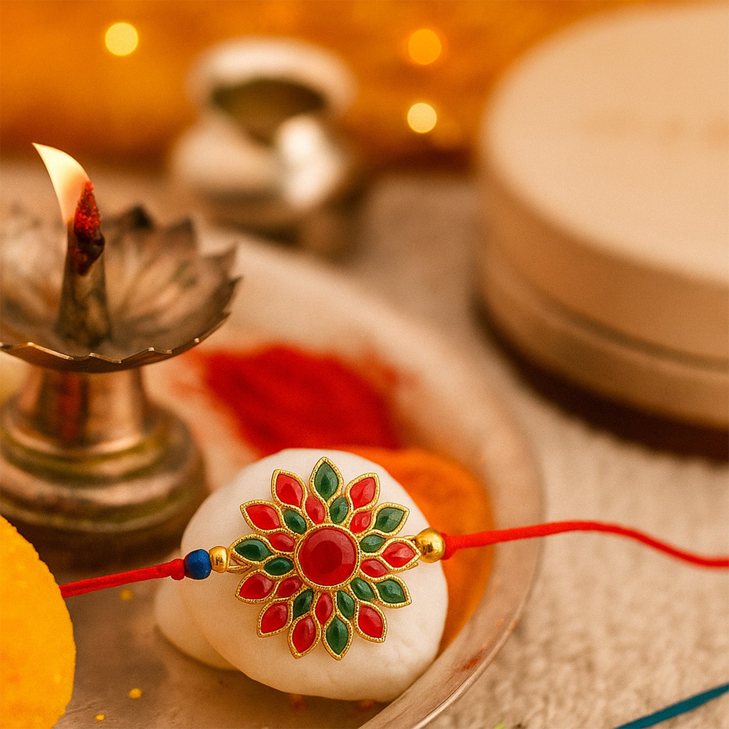 Red and Green Colored Stone flower design Rakhi