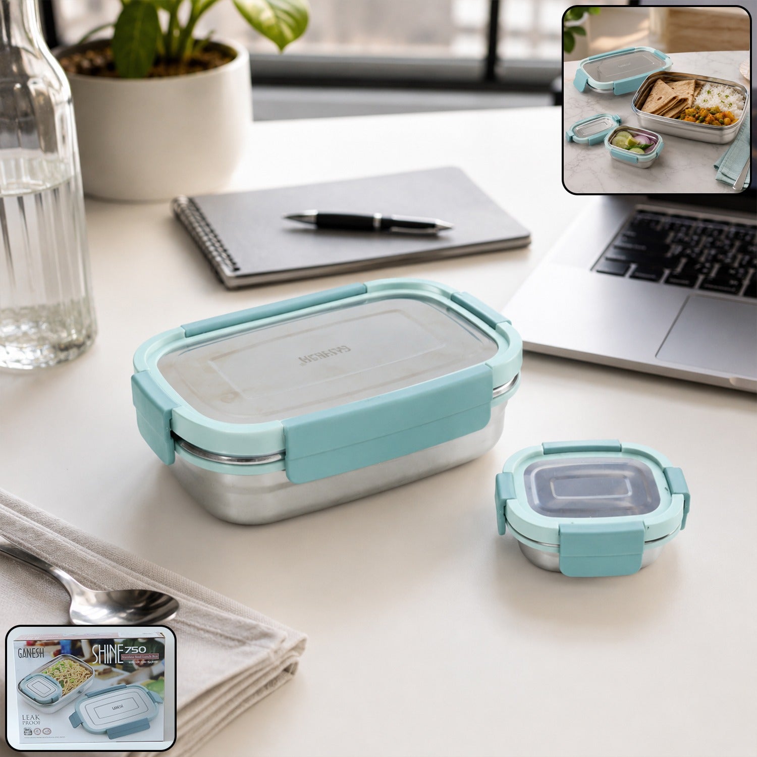 Stainless steel lunch box set showing inner compartments