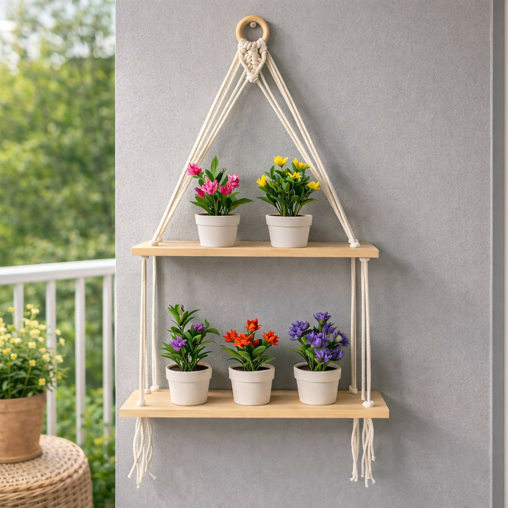 2 Tier Wooden Hanging Shelf with Rope Wall Decor Plant Display Rack