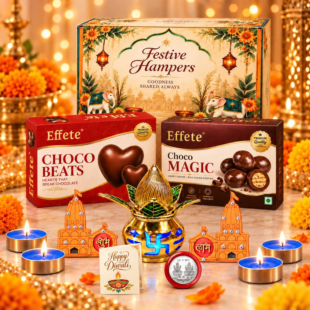 A festive hamper box, two chocolate boxes, a golden kalash, two orange temple decorations, a Happy Diwali card, and – view 3