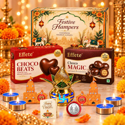 A festive hamper box, two chocolate boxes, a golden kalash, two orange temple decorations, a Happy Diwali card, and – view 3