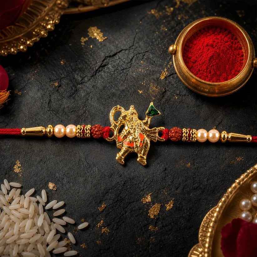 Golden Hanuman Ji Motif Enamel Pearl Beads Traditional Rakhi (10pcs)