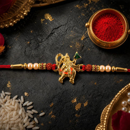 Golden Hanuman Ji Motif Enamel Pearl Beads Traditional Rakhi (10pcs)