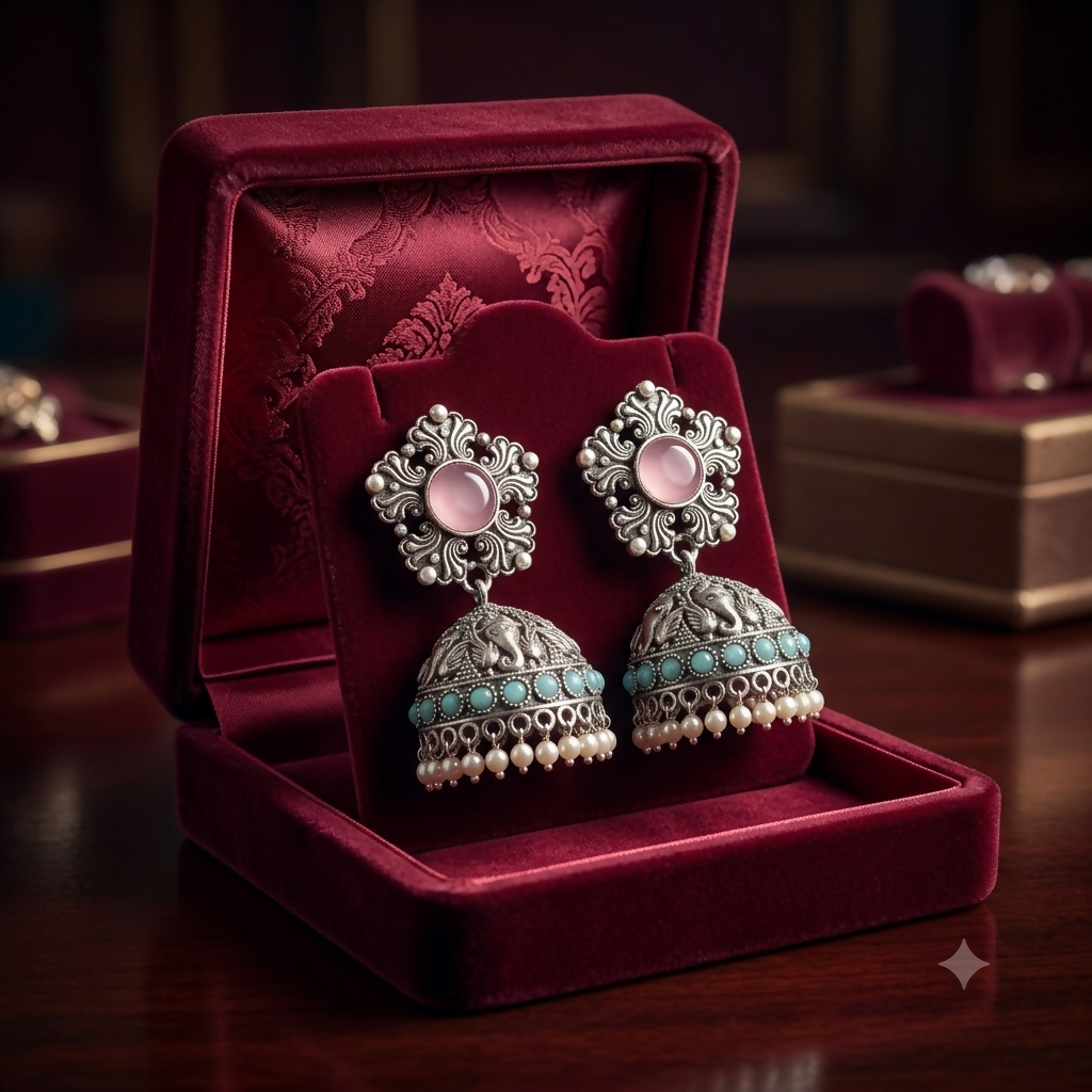 Oxidized silver jhumka earrings with turquoise beads on white background