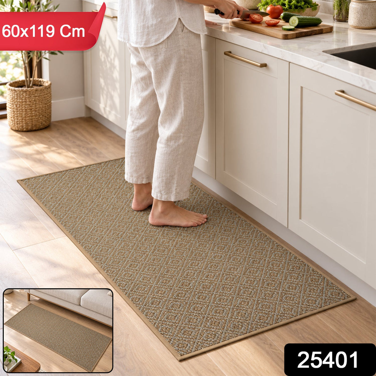 A person stands on a brown diamond-patterned runner mat in a kitchen, with an inset showing it in a living room.