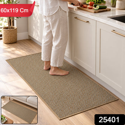 A person stands on a brown diamond-patterned runner mat in a kitchen, with an inset showing it in a living room.