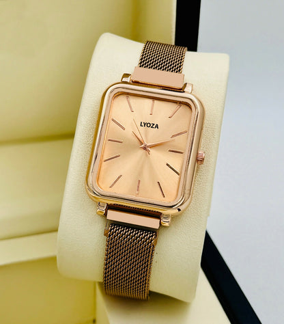 Gold Square Analog Watch with Mesh Strap