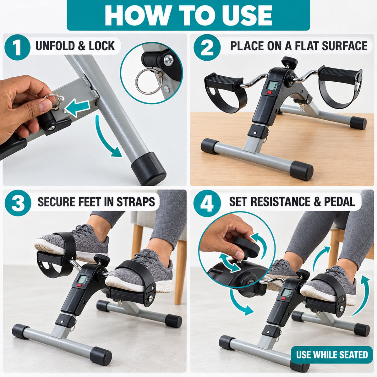 Foldable Mini Cycle Pedal Exerciser with Resistance Knob and Display (1 Set)