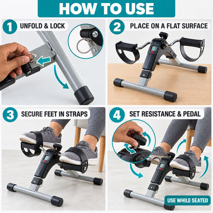Foldable Mini Cycle Pedal Exerciser with Resistance Knob and Display (1 Set)