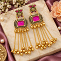 Antique Golden Kashmiri Long Tassel Earrings with Pink Stone & Ghungroo Drops