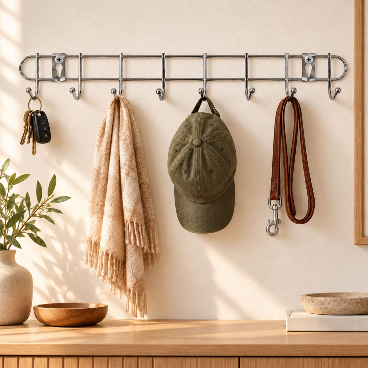 Steel Wall Mount Hanger Rack with 8 Rounded Hooks (1 Pc, Approx. 47 cm)
