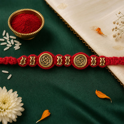 Red Braided Rakhi with a Row of Antique Gold Coin-Style Charms