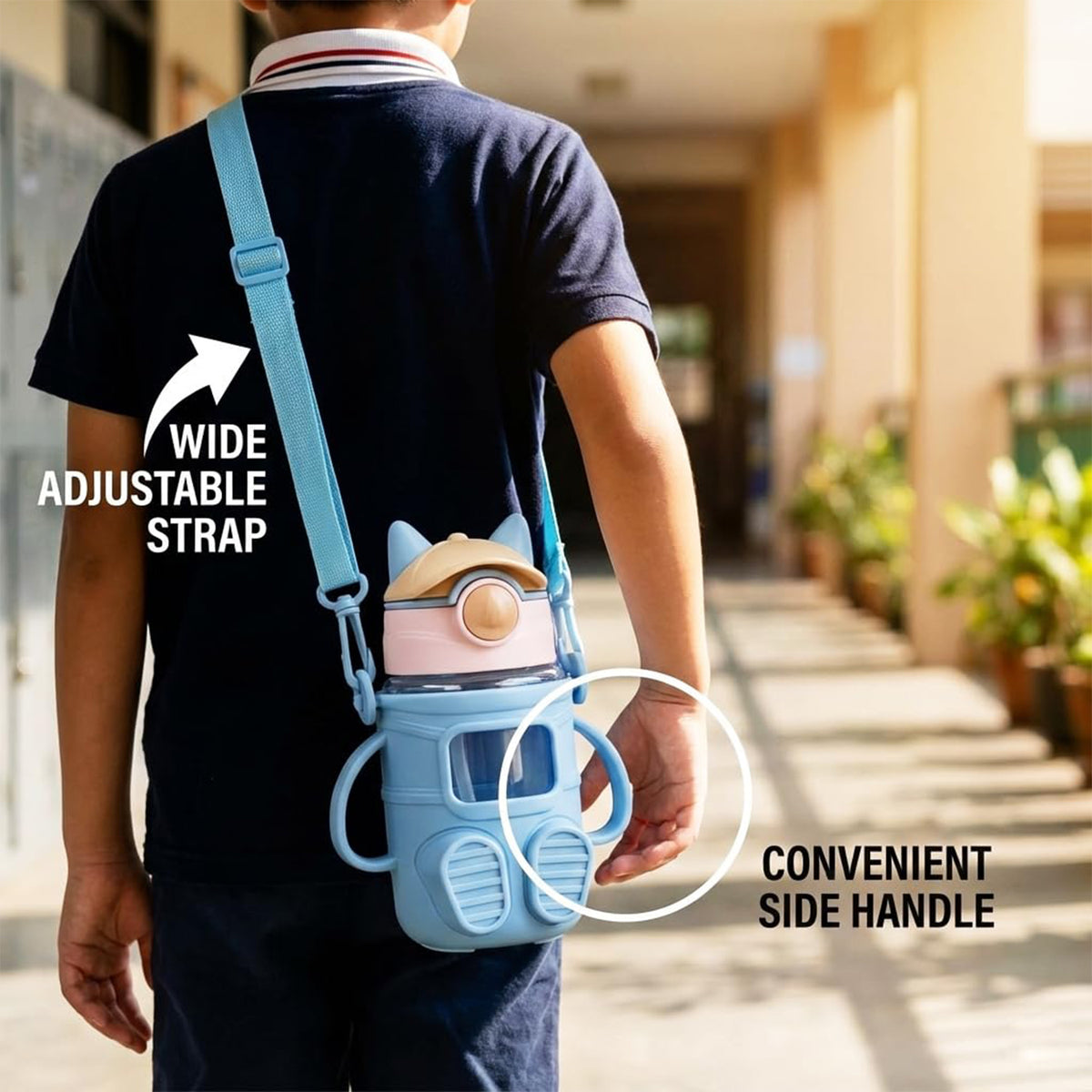 Kids Sipper Water Bottle with Straw, Dual Handles and Strap (450 ml, 1 Pc)