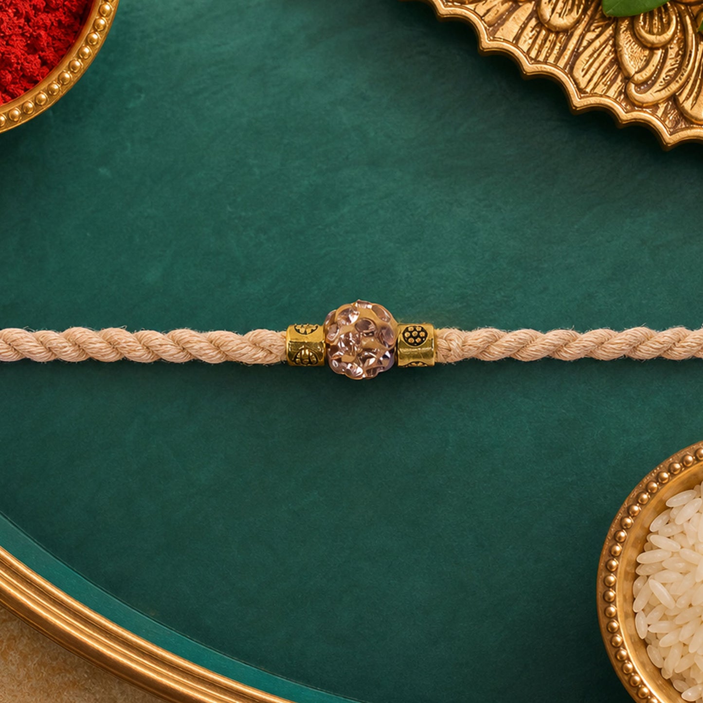 Cream Cord Rakhi with a Sparkling Floral Crystal Stone Pendant