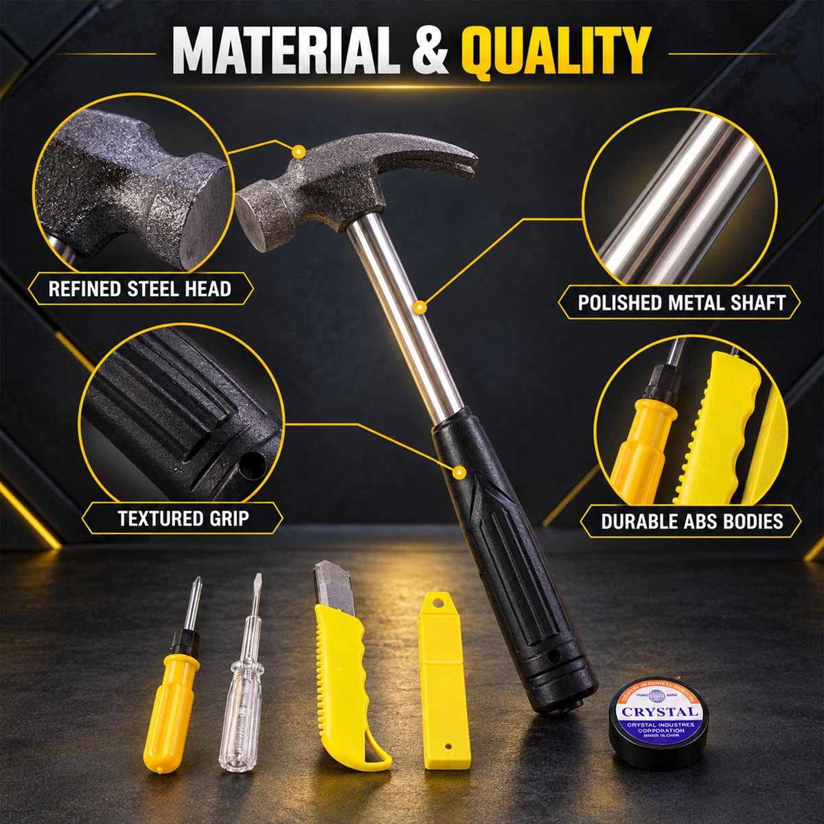 A close-up of a hammer with a refined steel head and polished metal shaft, alongside other tools and electrical tape.