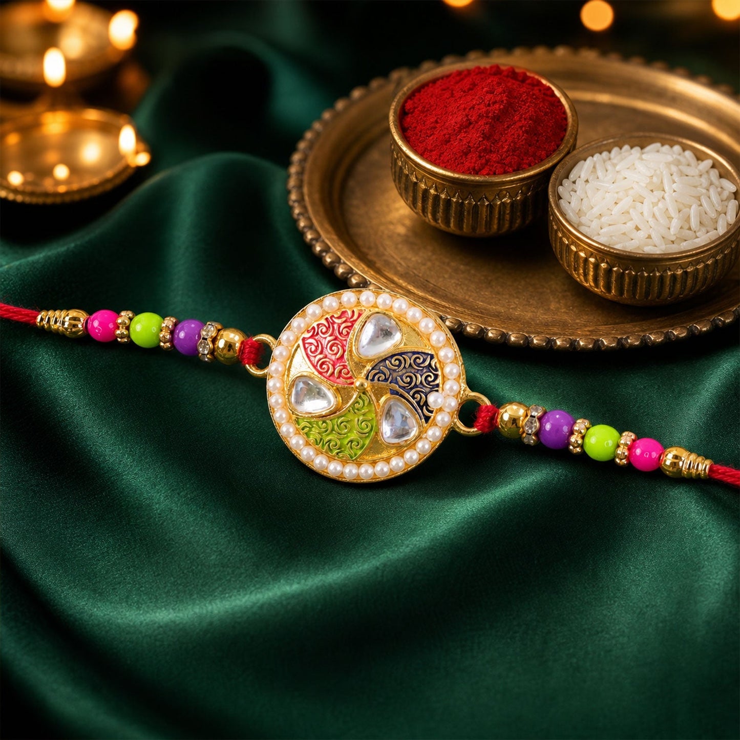 Kundan Meenakari Rakhi Pearl Border Multicolor Beads (10pcs)