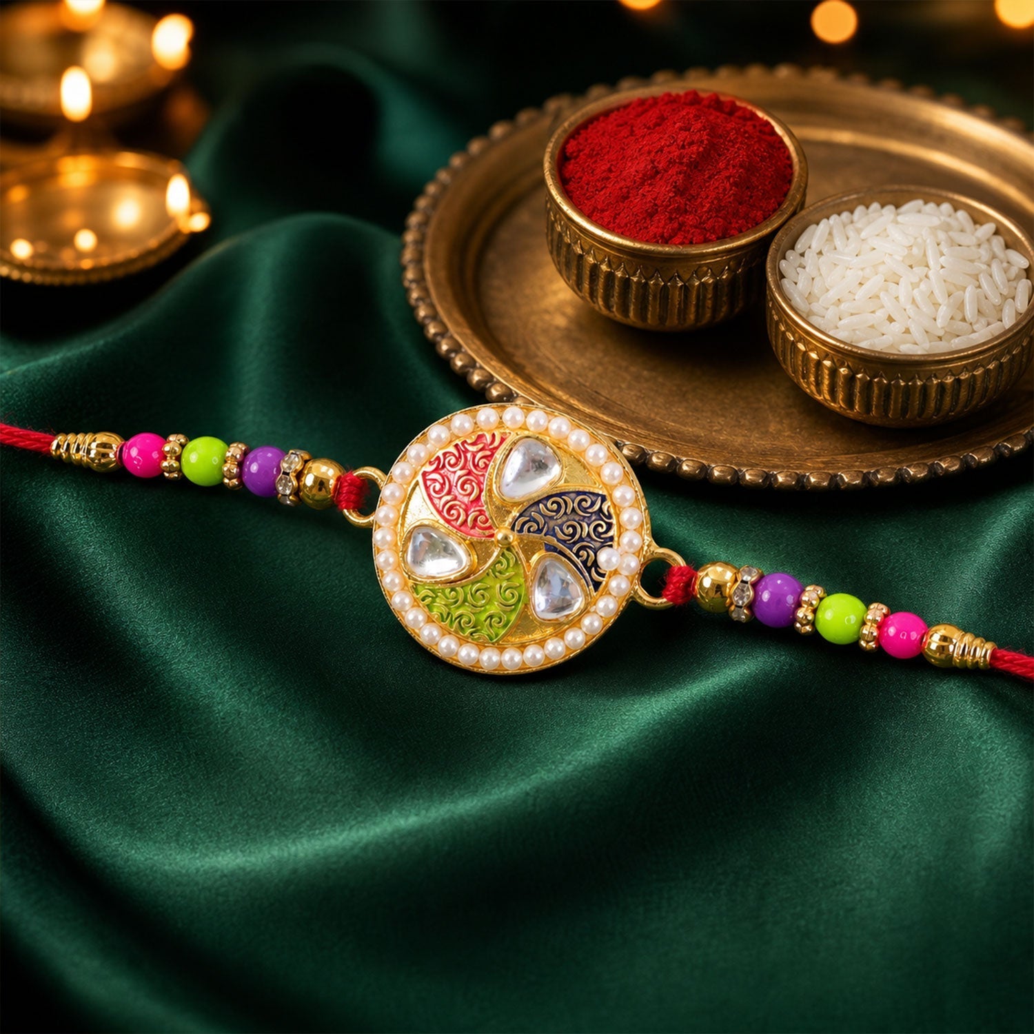 Kundan Meenakari Rakhi Pearl Border Multicolor Beads (10pcs)