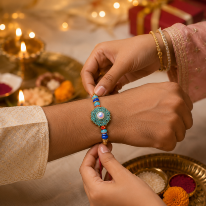 Hands tie a red thread with a teal and gold medallion and blue beads onto a person's wrist.