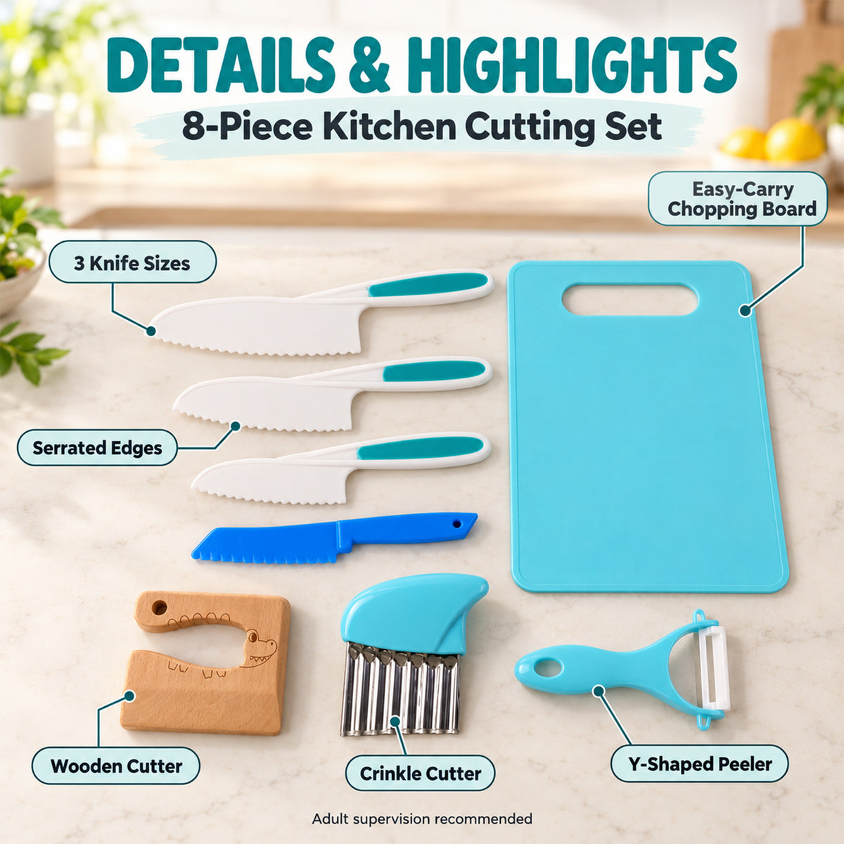 Kids Kitchen Set with Knives, Board, Peeler and Crinkle Cutter (8 In 1)