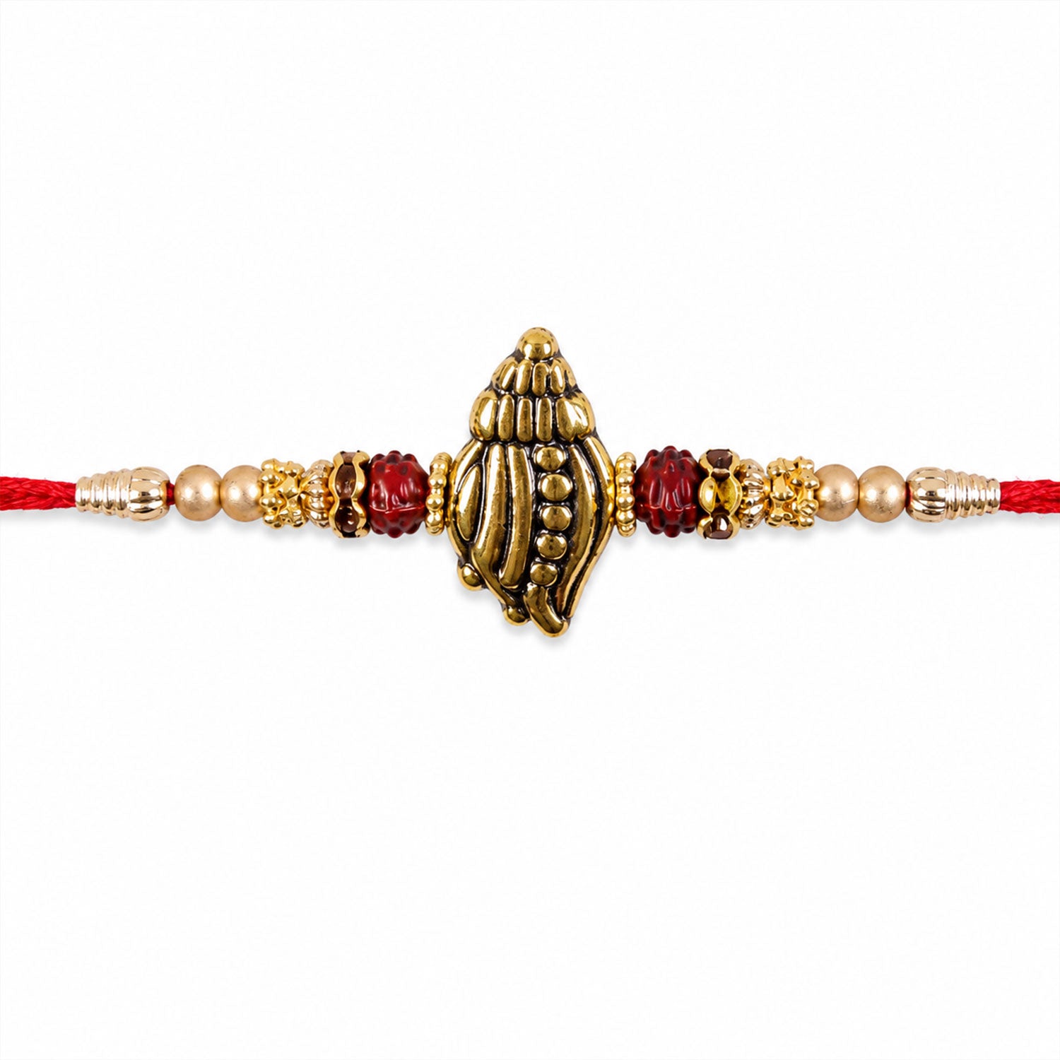 Shankh Conch Golden Devotional Rakhi with Pearl Beads, Red Accents and Antique Finish