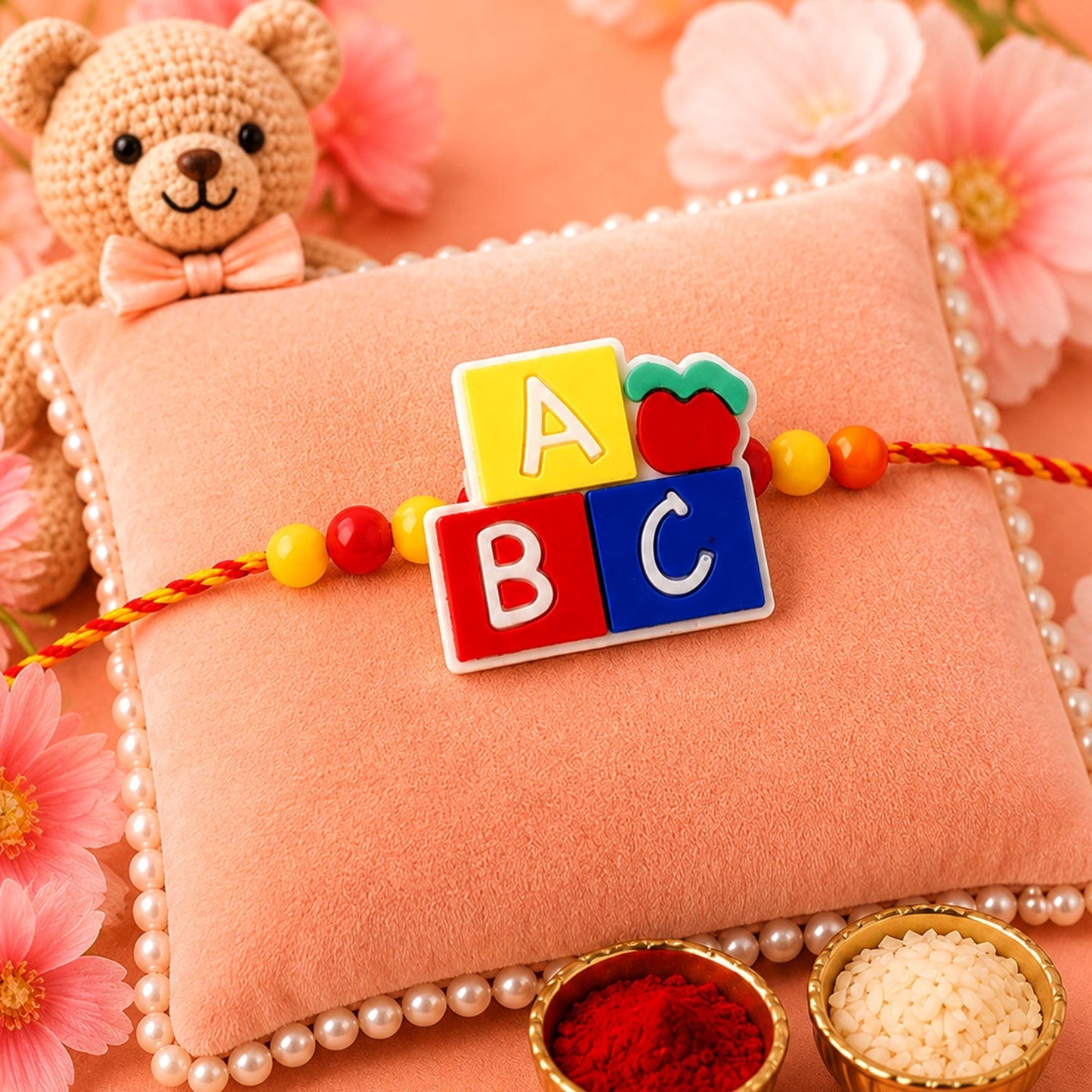 Kids Beaded Rakhi for Brother - Alphabet Blocks Cartoon Design (5pcs)