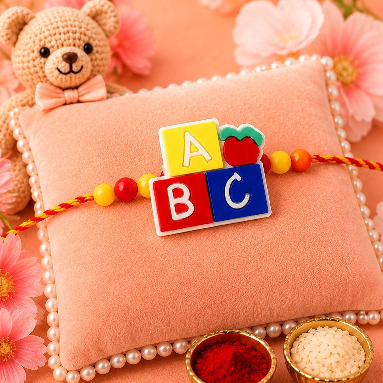 Kids Beaded Rakhi for Brother - Alphabet Blocks Cartoon Design (5pcs)