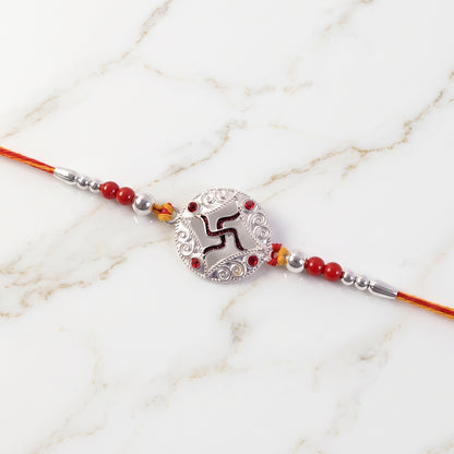 Silver Swastik Stone Rakhi with Red Thread and Handmade Look