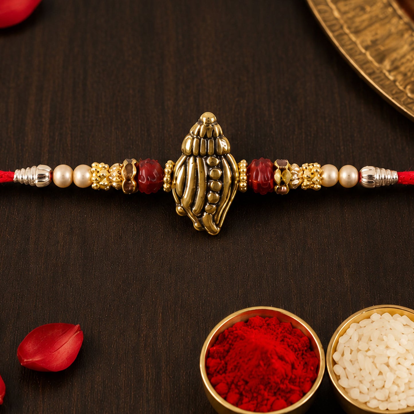 Shankh Conch Golden Devotional Rakhi with Pearl Beads, Red Accents and Antique Finish