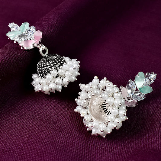 Silver Plated And White Contemporary Jhumkas