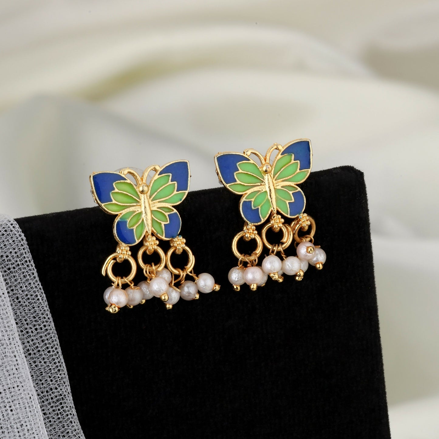 Vibrant Enamel Butterfly Choker Necklace Set with Pearl Drops