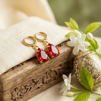 Striking Ruby Red Teardrop Crystal Dangle Earrings with Gold Tone Hoops for Women