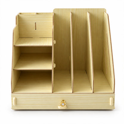 Empty light wood desk organizer with three shelves, three vertical file slots, and a bottom pull-out drawer.