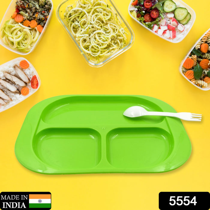 5554 Plastic Food Plates / Biodegradable 3 Compartment Square Plate With Spoon for Food Snacks / Nuts / Desserts Plates for Kids, Reusable Plates for Outdoor, Camping, BPA-free (1 Pc)