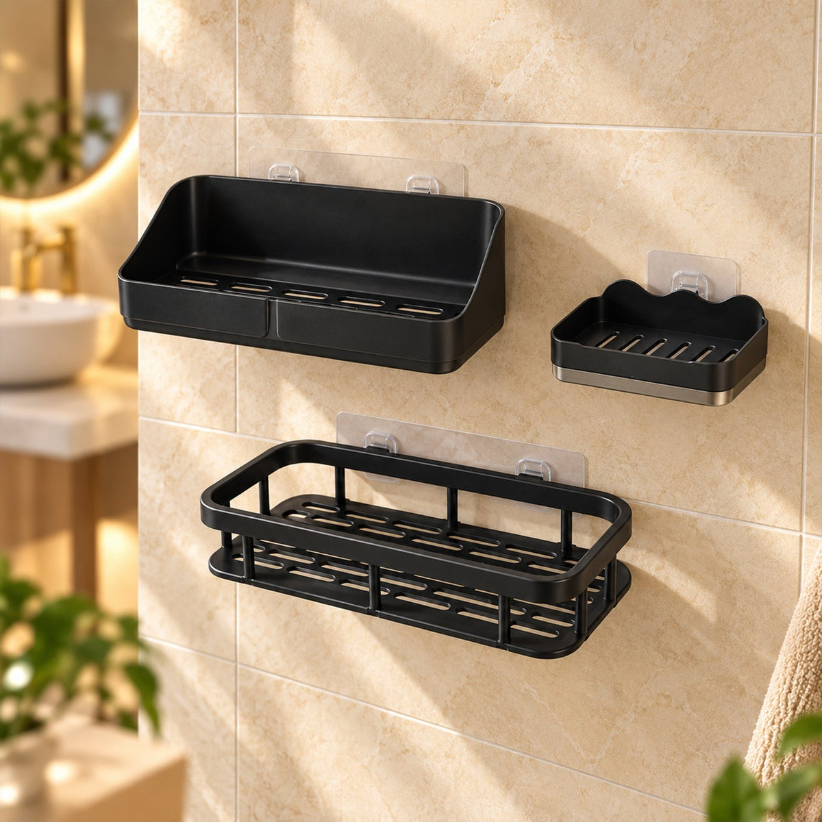 Three black plastic shower caddies with adhesive mounts on a light brown tiled wall in a bathroom setting.