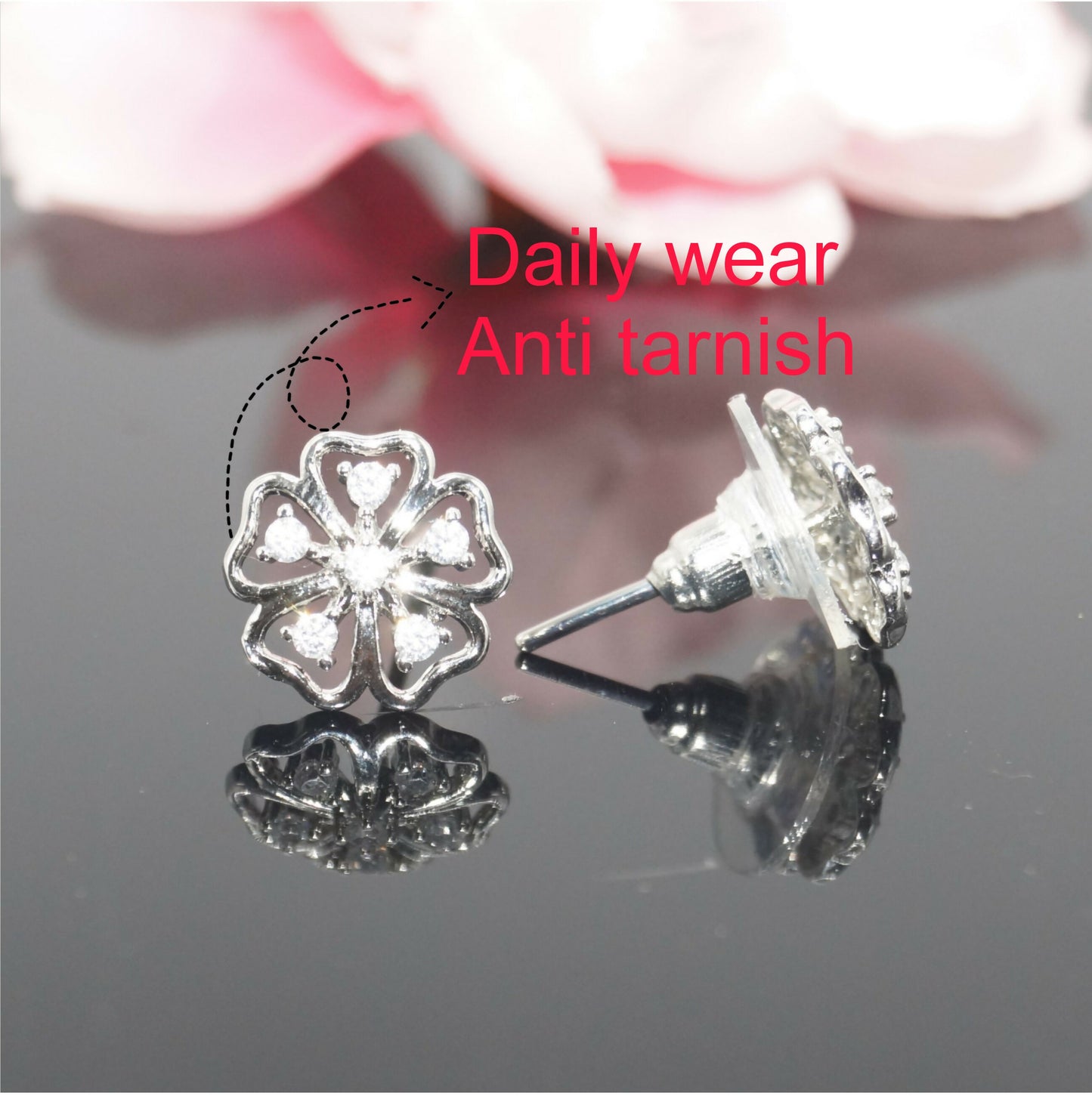 Sterling Silver AD Flower Stud Earrings - Delicate Floral Design for women and girls