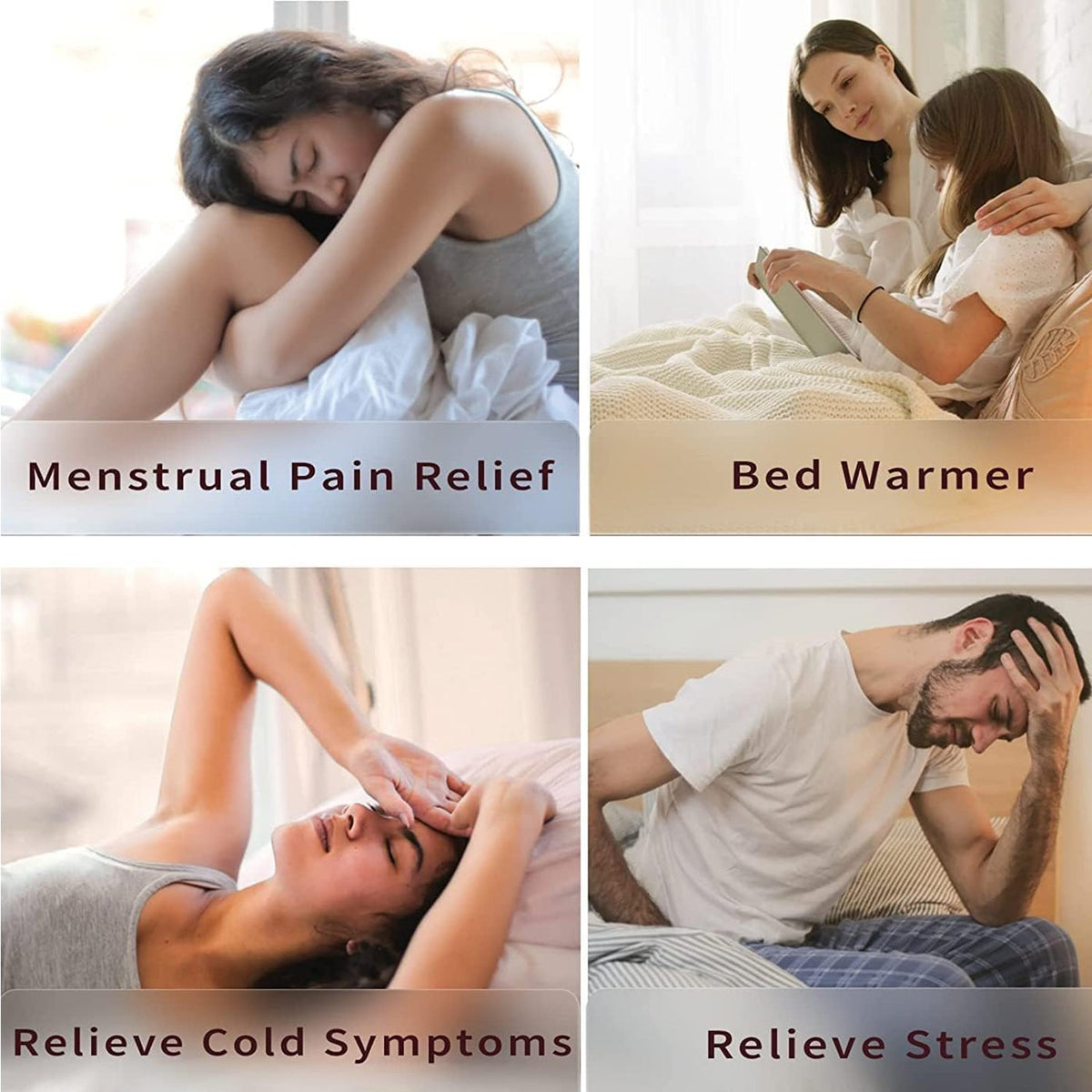 A collage of four images showing people experiencing relief from menstrual pain, cold symptoms, and stress, and using it as