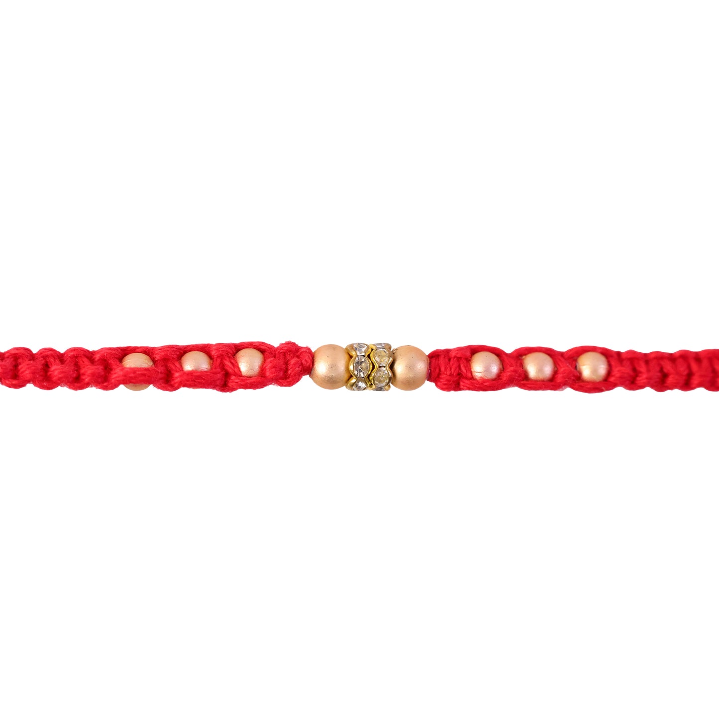 Red Thread Rakhi with Smooth Golden Beads and Sparkling Rhinestone Spacer