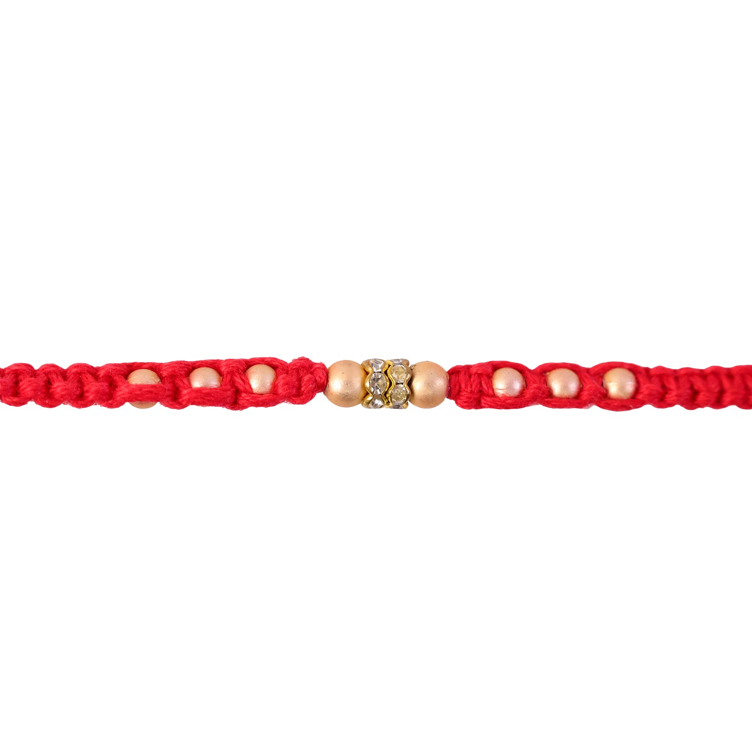 Red Thread Rakhi with Smooth Golden Beads and Sparkling Rhinestone Spacer