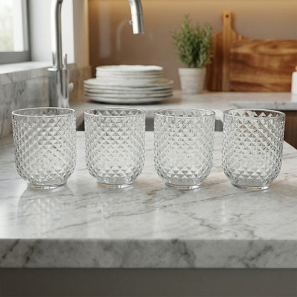 Premium Diamond Textured Plastic Glass Set Crystal Clear Tumblers for Drinks (4 Pc)